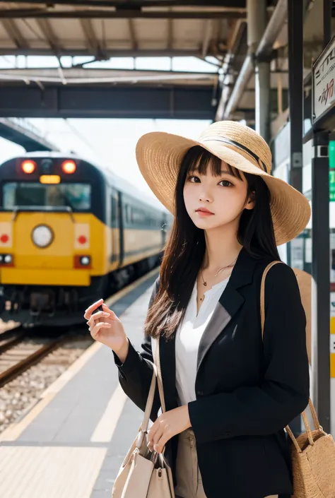  black hair、 dark eyes、Slender woman wearing a straw hat with a white blouse and a G pa。Get ready for the trip and wait for the train at a rural station。。