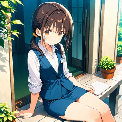 (masterpiece), (best quality), (ultra-detailed),artist:mitsumi_misato, 1girl, office lady, loli, tired, sitting, outdoors, 