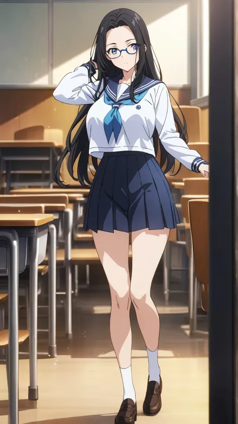 full body,1 girl,blue-rimmed glasses,standing,A dismal expression,looking away,school uniforms,sailor suit,long hair,  black hair, Forehead,Big Breasts,blue eyes,classroom,finely detailed  beautiful face, High Quality ,anime, beautiful, high definition ,an...