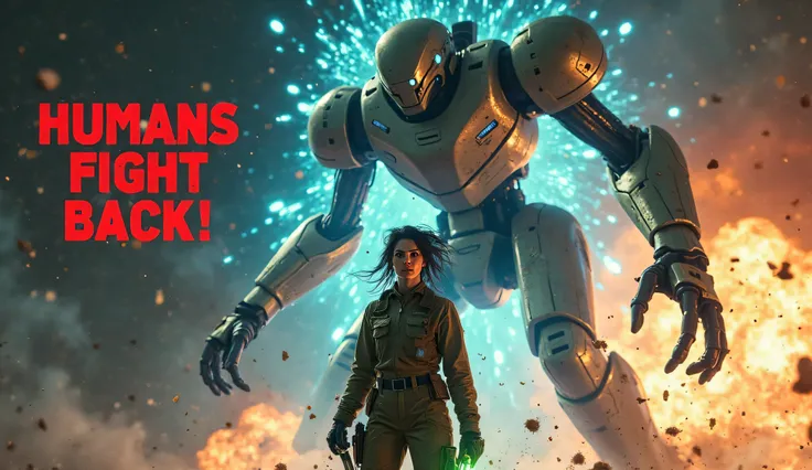 A towering alien robot with a sleek silver body explodes in a fiery burst of blue sparks and orange flames, debris flying outward in a chaotic sci-fi scene. In the foreground, a determined female engineer in her 30s with wild dark hair and a grease-stained...