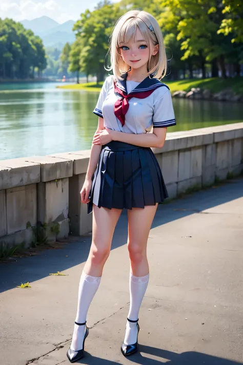 Best quality, full body focus, full body shot, perfect face, soft light, ultra high res, 8k, Masterpiece, , , view the viewer, full body , Front view, (1girl:loli:0.9), , Cute face, (blue eyes:1.5), (Light Blonde Medium hair, Bangs), beautiful (Medium brea...