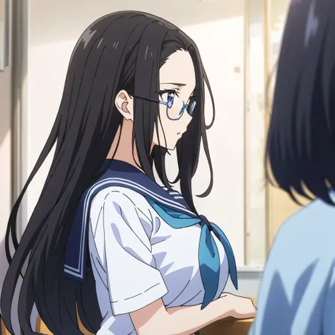 upper body,from side,1 girl,blue-rimmed glasses,standing, with a bleak expression,looking away,emphasizes breasts,school uniforms,sailor suit,long hair,  black hair, Forehead,Big Breasts,blue eyes,classroom,finely detailed  beautiful face, High Quality ,an...