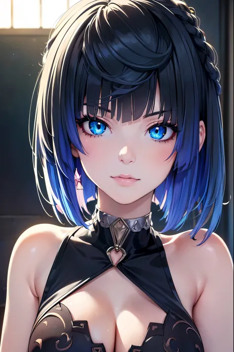 (Best Quality,4K,8K,hight resolution,masutepiece:1.2),Ultra-detailed,(Realistic,Photorealsiticです,Photorealsitic:1.37),beautiful detailed blue eyes,long black hair in a high bun,detailed red veil,Portrait,Sharp Focus,Professional,Vivid colors,Dark backgroun...