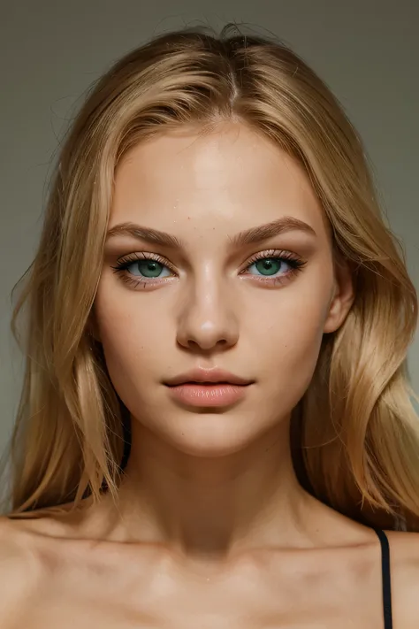 22-year-old woman Slavic super model blonde hair mouth with lip filler with rhinoplasty on the nose, green eyes. Well lit focus on the face.