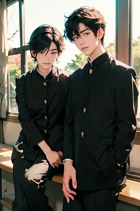 Two Japanese men handsome smile In the classroom window 二人共にBlack school run school uniform Black school run Outside the window is early spring there is only one cherry tree boys love cartoon The two sit side by side Future Classroom Two Japanes...
