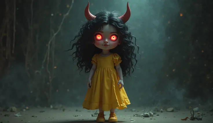 A  girl with an eerie yet captivating appearance stands in a dimly lit, mysterious environment. She wears a beautiful yellow frock and matching yellow shoes, giving her an innocent yet unsettling charm. Her thick, curly black hair cascades down her shoulde...