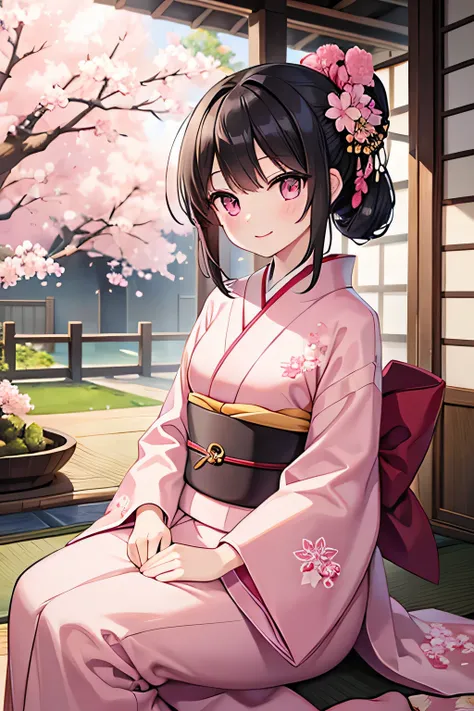 High Quality High Definition Masterpiece Beautiful Girl, Black Hair, Chignon, Pink Eyes, Gentle Smile, Sitting, Cherry Blossom Pattern Kimono, , Japanese Style, Spring Scenery