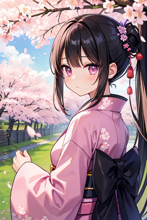 High quality high image quality masterpiece, beautiful girl, black hair, chignon, pink eyes, shy face, looking back, cherry blossom pattern kimono, , Japanese style violet flower field