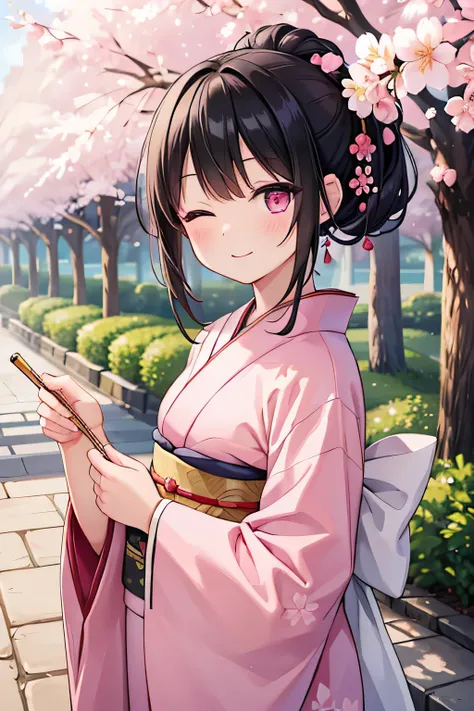 High quality high image quality masterpiece, beautiful girl, black hair, chignon, pink eyes, gentle smile, cherry blossom pattern kimono with one eye closed, , Japanese style, spring landscape