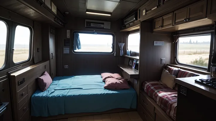 the interior of a modified minibus to survive in the apocalypse genre. night. there are katanas, rifles, small beds and food stocks. night sky, dark sky, moonlight