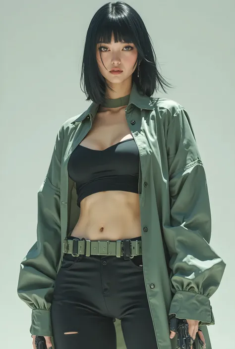 a beautiful Korean woman with fair skin, black bob hair with straight bangs, large breasts, low-cut clothing that leaves her belly exposed, a short grayish green coat, black mini shorts, tights that mark her leg and boots that are a high-top version of the...