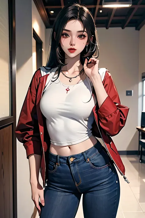 good anatomy, high-res, good clothes, great fashion, , beautiful young woman, pale skin, hazel eyes, soft red lipstick, soft black eyeliner, makeup, university clothes, university uniform, standing, posing, hiding hands, confident, earrings, necklace, blac...