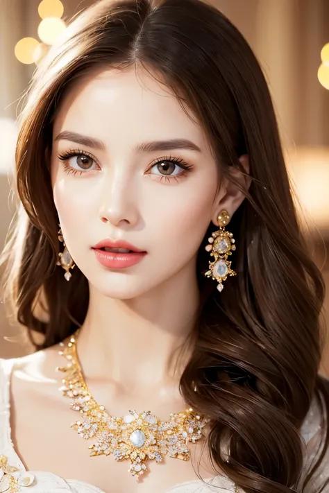 Wanting to create an image of a beautiful, charming woman, beautiful brown hair, long curly, red lips, rosy, big round eyes, light brown, beautiful slender long eyelashes. Seen and feel the beauty, captivating and perfect shape, white outfits, magnificent ...