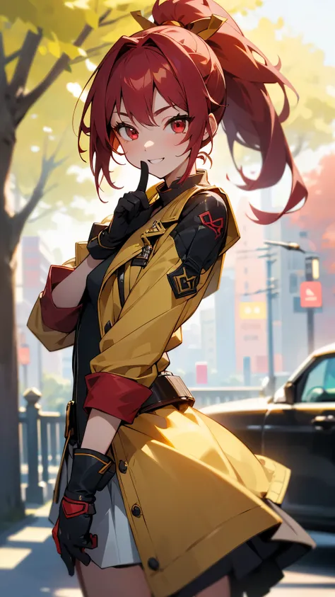  one girl 、solo、Sharp Focus、(Bokeh) (Best Quality) (Skin clarity:1.3) (Sharp details) (anime)、 a girl full of vitality 、High Girl、Riders Jacket、 Gold、red eyes、ponytail for men、 gloves、 accurate５Finger、 has a bright smile、Standing in front of a street tree 