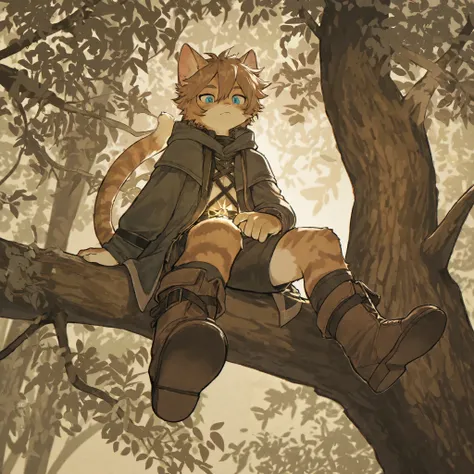 source_ furry， furry male，，((boy )),cat boy ,short hair,masterpiece, newest,absurdres, incredibly absurdres,  messy hair, cute anthro, Alone,Fantasy world，hand, perfect hand，boy  sitting on tree branch, Staring at the Audience 、Look down and stare、cutely g...