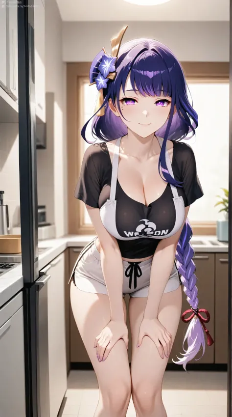 raiden shogun,happy face, braid, braided ponytail, hair flower, hair ornament, long hair, mole, mole under eye, purple eyes, purple flower, purple hair, single braid, sidelocks,white shorts,black casual t-shirt,cleavage,happy,slim body, sexy legs,perfect b...