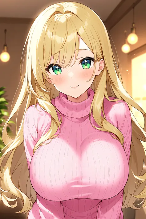 28 year old beautiful girl、long hair。
 characters are anime designs 。
Her hair is blonde.。
 eye color is green。
The figure is glamorous 。Big bust 。
Wear a pink knitted tight sweater。
staring at me。Ecstatic and ecstatic smile。An expression of love in love。