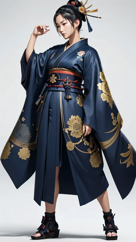 female samurai, ((dark blue kimono)), gold flower ornament on bottom of kimono, wavy style, high octane render, 8k, sharp picture, ((thick material)), ((full body view)), ((samurai shoes))