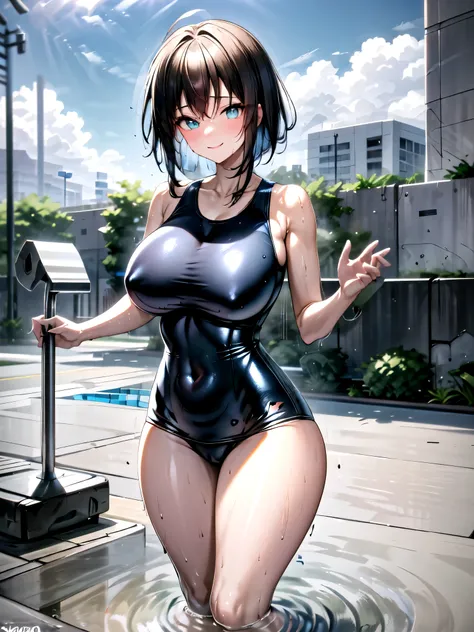 (smile),long hair. (black hair).droopy eyes.Alluring. High School Girls,,school swimsuit, MYSTERIOUS WOMAN .(huge sagging breasts:1.34), ,,( 150 centimeters tall), hypo.Unlucky. Japanese School Pool. swimming in the pool .cowboy shot,Sunlight shines,latex