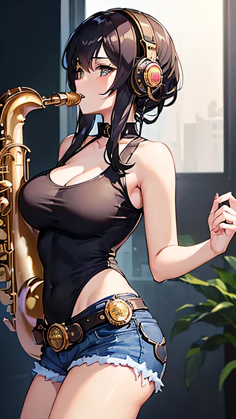 ((beautiful girl:1.5),High Resolution, Best Quality,8k),The sniper girl with headphones on her head ,Soft hands, Big bright eyes, dark and vibrant short hair, cute smiles,  rosy cheeks , sunburned skin, soft light on pussy,  (((white tank top,  denim short...