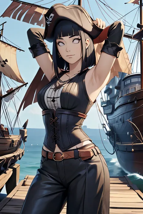 Hinata Hyuga, as a female pirate, wearing sleeveless female pirate outfit with corset, in the middle of pirate ship during the day, wearing pirate hat, and a sword on her hip, long black hair, showing both her armpit
