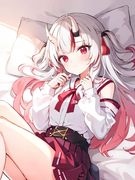 Cute anime girl, Nakiri Ayame From Hololive, Long white hair, short red skirt, plump white thighs, beautiful red eyes, laying in bed, knees lifted, worried face, lifted skirt.