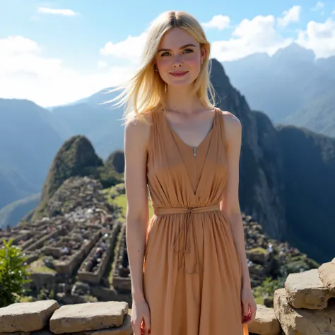 "An ultra-realistic and detailed scene by Elle Fanning, The actress , posing for a photo shoot of a fashion magazine in Peru. Elle is standing on a natural terrace with the iconic Machu Picchu as a background, with its perfectly preserved ruins, green moun...