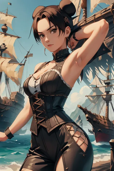 Tenten, as a female pirate, wearing sleeveless female pirate black outfit with corset, in the middle of pirate ship during the day, black hair double bun, showing her armpit
