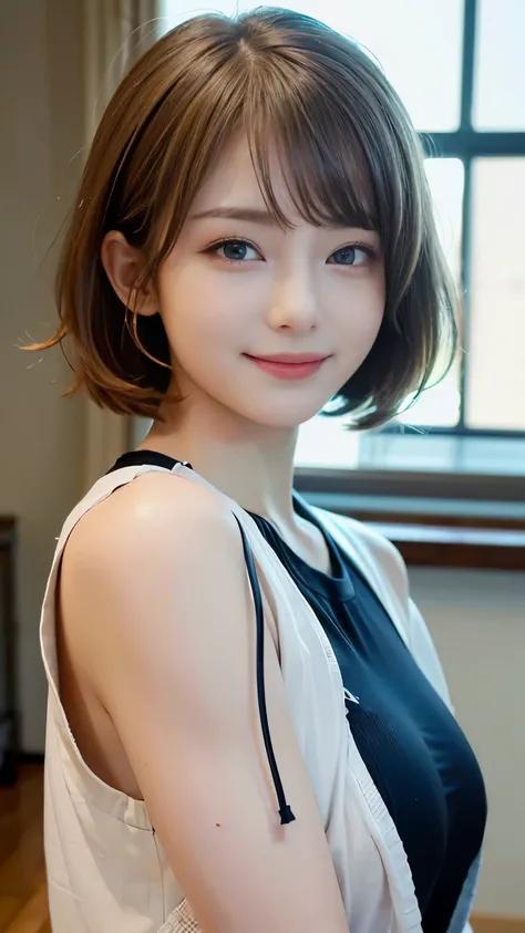 ((highest quality、Masterpiece、High resolution))、(((Zoom photo of upper body)))、(A shy smile:1.2)、One 15-year-old female、Beautiful Skin、Beautiful Eyes、Sportswear、Blonde Hair、Trimmed bangs