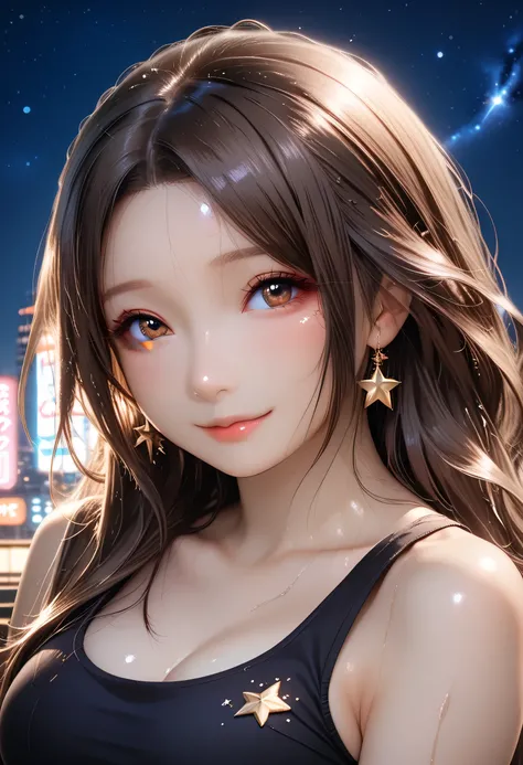 perfect face, perfect body, brown hair, long hair, forehead, brown thin eyebrows, big brown eyes, black eyeliners, blush, nose, round lips, smile, beautiful girl, medium breasts, black scoop tank top, white pants, ((starry sky, night sky, tokyo city, neon ...
