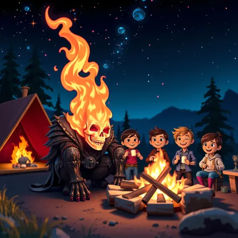 A mesmerizing Pixar-style 3D render of Ghost Rider, a mythical creature with a flaming skull, squatting on the ground at a campsite. Surrounding the creature, a group of joyful ren are toasting marshmallows over the flames emanating from Ghost Rider's head...