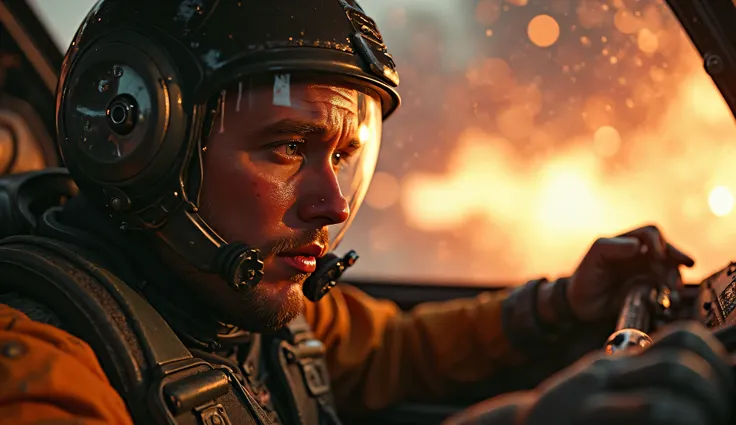 A close-up of a brave human pilot in a worn cockpit, sweat beading on their forehead, hands gripping controls as glowing alien shields reflect in their visor. A fiery jet trail blazes behind, moments before impact. High-stakes sci-fi tension, close- up foc...