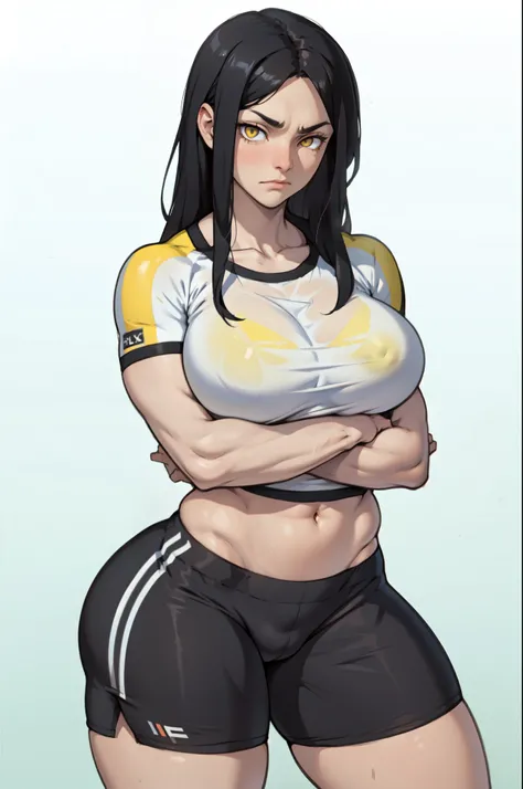 huge muscles big breasts black hair yellow eyes pale skin striped top bike shorts sad empty eyes embarrassed see through 