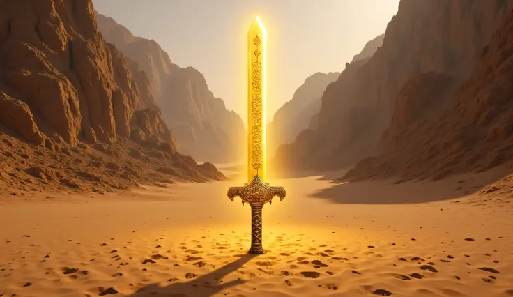 i want a sward with the words la ilaha illallah written on it, the background will be a desert and mountains, the sword will have alight golden glow behind it.