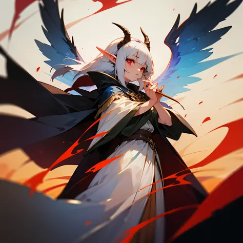 (( Best quality )), (( Masterpiece )), ( Details ), girl, white bob hair, red eyes, 161 cm. tall, has long pointed ears like an elf, has horns that look like goat horns, wears a cloak that looks like the wings of a fly, all 10 fingers wear gold rings, all ...