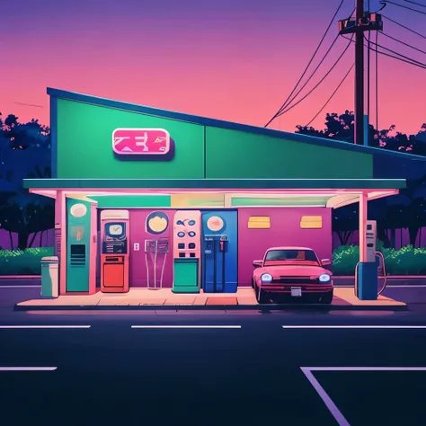 a car is parked at a gas station at night, lofi artstyle, 8 0 s anime vibe, anime aesthetic, lofi vibes, anime scene, lofi feel, lofi vibe, lofi aesthetic, lofi colors, 9 0 s anime aesthetic, anime background, anime background art, art deco outrun anime ae...