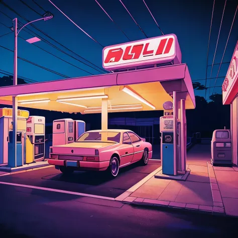 a car is parked at a gas station at night, lofi artstyle, 8 0 s anime vibe, anime aesthetic, lofi vibes, anime scene, lofi feel, lofi vibe, lofi aesthetic, lofi colors, 9 0 s anime aesthetic, anime background, anime background art, art deco outrun anime ae...