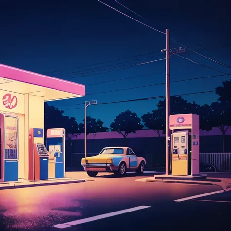 a car is parked at a gas station at night, lofi artstyle, 8 0 s anime vibe, anime aesthetic, lofi vibes, anime scene, lofi feel, lofi vibe, lofi aesthetic, lofi colors, 9 0 s anime aesthetic, anime background, anime background art, art deco outrun anime ae...