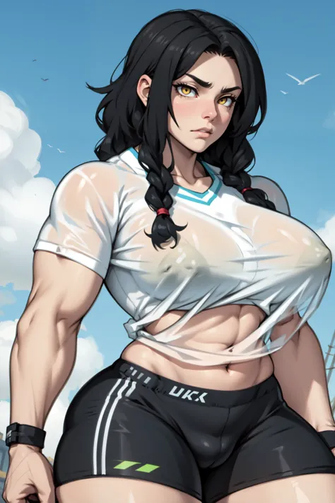 huge muscles big breasts black hair yellow eyes pale skin striped top bike shorts sad empty eyes embarrassed see through see through