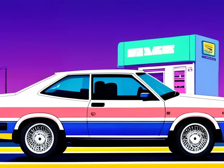 a car is parked at a gas station at night, lofi artstyle, 8 0 s anime vibe, anime aesthetic, lofi vibes, anime scene, lofi feel, lofi vibe, lofi aesthetic, lofi colors, 9 0 s anime aesthetic, anime background, anime background art, art deco outrun anime ae...