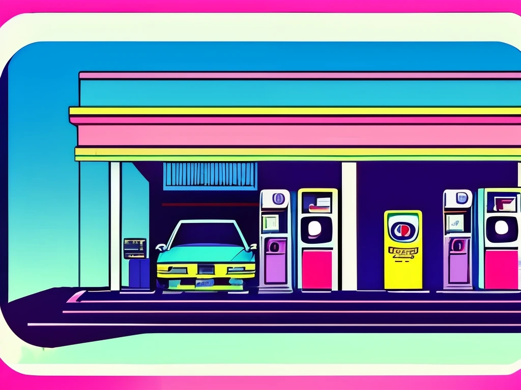 a car is parked at a gas station at night, lofi artstyle, 8 0 s anime vibe, anime aesthetic, lofi vibes, anime scene, lofi feel, lofi vibe, lofi aesthetic, lofi colors, 9 0 s anime aesthetic, anime background, anime background art, art deco outrun anime ae...