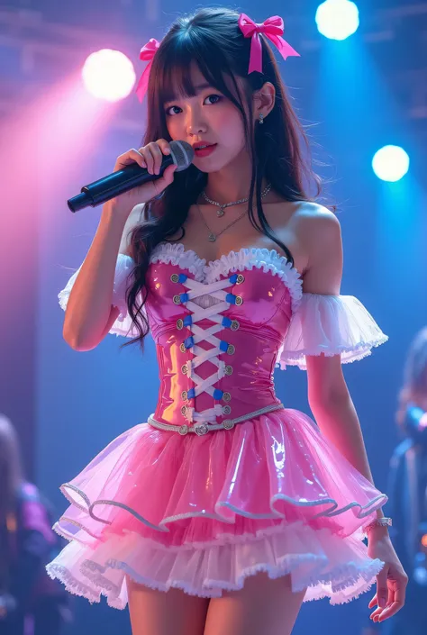 Create a highly detailed, realistic image of a young woman with long, dark hair styled with two small pink bows on either side. She is wearing a vibrant and transparent shinning glossy pink short dress that has a layered, frilly design with white ruffled e...