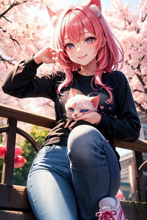 Best Quality, .High Resolution, Perfect Human Structure, Sideways Angle, Focus On Background, Neon Color, Pink Hair, Shiny Hair, Cat Ear, Smiling Heart Shape Eyes, Spring, Cherry Petals, Cherry Tree, Side Bangs, Shiny Hair, Gradient Eyes, White Trainers, B...