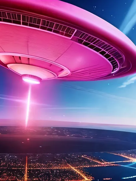 a close up of a pink alien spaceship flying through the sky, ufo aliens, flying saucers, of a ufo propulsion system, ufology, ufos, ufo attack, alien mothership in the sky, ufo landing, ufo abduction, ufo lighting, alien mothership, alien abduction, ufos i...