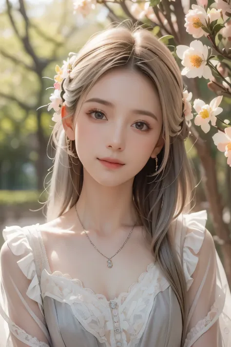 (detailed oil painting of a beautiful woman), rough touch, focus on face, (small smile with calm, kind and bright expression), ((silver grey brown almost straight medium long hair!)), ((close up)), shiny skin, glossy lips, ((casual pastel spring outfit)), ...