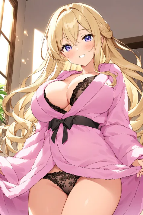 28 year old beautiful girl、long hair。
characters are anime designs。
Her hair is blonde.。
 eye color is green。
The figure is glamorous 。Big bust 。
Wear a pink racy bathrobe。I can see the lingerie when I take it off half。
staring at me。Ecstatic and ecstatic ...