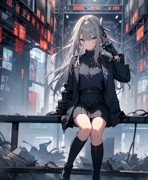 [one girl,  comments, expressionless,  positive for home, (gray hair:1.5), straight hair , (shortcuts:1.4),(Blue Eyes:1.3), Oversized Black Jacket , black skirt, long boots、try as hard as one can、 gloves up to the elbow 