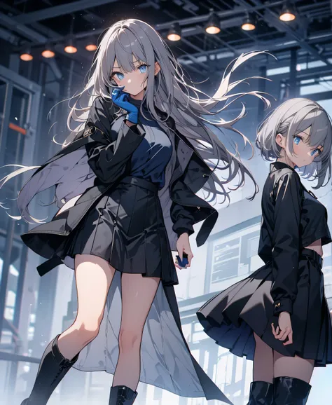 [one girl,  comments, expressionless,  positive for home, (gray hair:1.5), straight hair , (shortcuts:1.4),(Blue Eyes:1.3), Oversized Black Jacket , black skirt, long boots、try as hard as one can、 gloves up to the elbow 