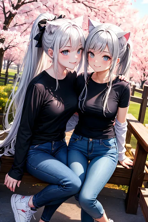 High resolution, two girls, perfect human anatomy, cat ears, front view, glossy hair, silver hair, ponytail, near future, pastel colors, gradient eyes, flowing bangs, front angle, black long sleeve jeans, cherry tree, spring, sneakers, smile,