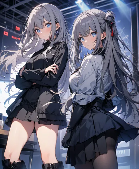 [one girl,  comments, expressionless,  positive for home, (gray hair:1.5), straight hair , (shortcuts:1.4),(Blue Eyes:1.3), Oversized Black Jacket , black skirt, long boots、try as hard as one can、 gloves up to the elbow 